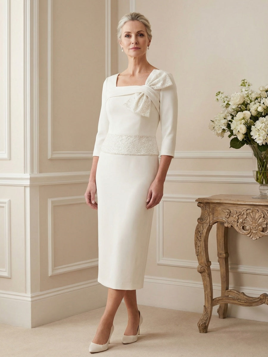 Sheath Square Neck Midi Mother of the Bride Dresses with Bow