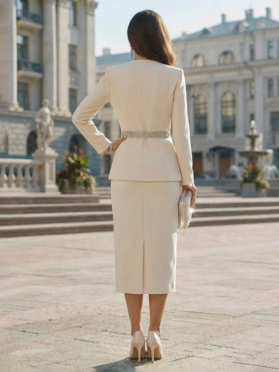 Sheeth Stand Collar Blazer Midi Business Suit Two-Piece Long Sleeve Wedding Guest Dress