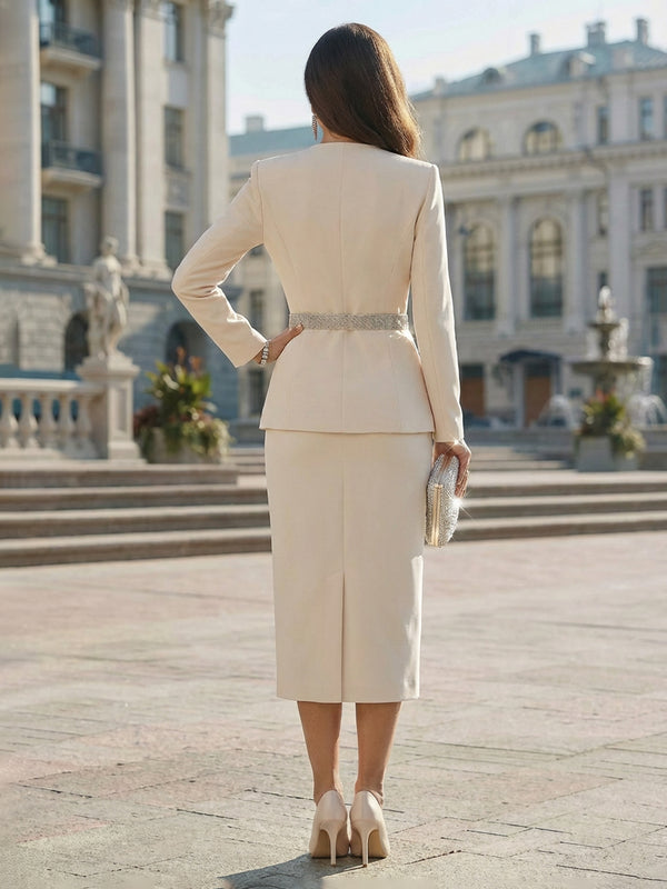 Sheeth Stand Collar Blazer Midi Business Suit Two-Piece Long Sleeve Wedding Guest Dress