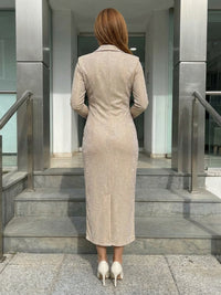 Women's Casual Suit Notched Lapel Sparkly Midi Formal Casual Blazer Set with Long Sleeve
