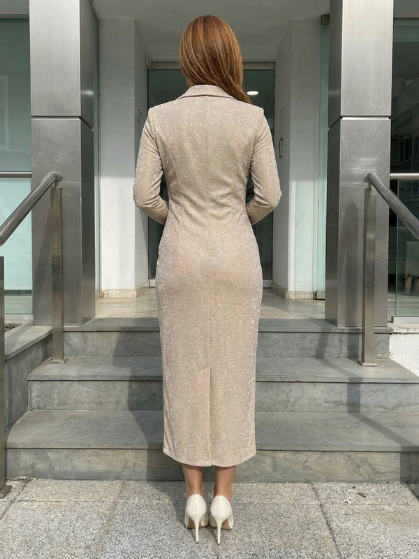 Women's Casual Suit Notched Lapel Sparkly Midi Formal Casual Blazer Set with Long Sleeve