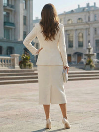 Women's Fitted Suit Peak Lapel Sheath Midi Business Suit with Long Sleeve