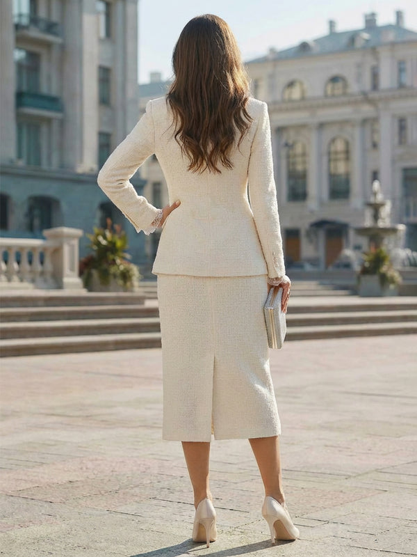 Women's Fitted Suit Peak Lapel Sheath Midi Business Suit with Long Sleeve