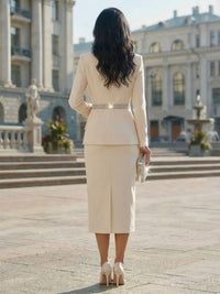 Two-Piece Sheeth Plunging Blazer Midi Office Suit with Long Sleeve