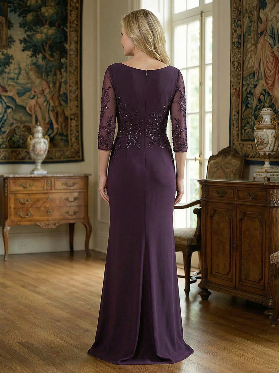 Sheath Chiffon 3/4 Sleeves Long Mother of the Bride & Groom Dresses with Lace Applique Bodice