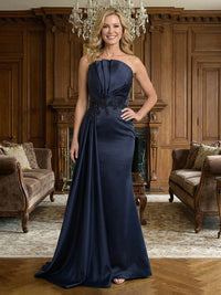 Sheath Strapless Pleated Long Mother of the Bride & Groom Dresses with Beaded Lace Appliques & Satin Train