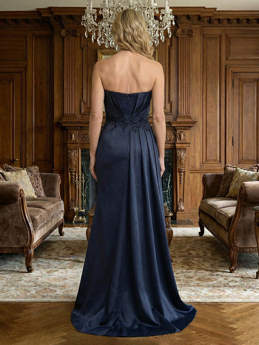 Sheath Strapless Pleated Long Mother of the Bride & Groom Dresses with Beaded Lace Appliques & Satin Train