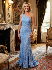 Mermaid Sparkly Sequin One Shoulder Mother of the Bride & Groom Dresses with Sweep Train