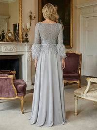 A-Line Chiffon Long Sheer Sleeves Mother of the Bride & Groom Dresses with Feather Cuffs & Beaded Bodice