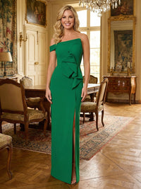 Sheath Satin One Shoulder Mother of the Bride & Groom Dresses with Flower Waist & Slit