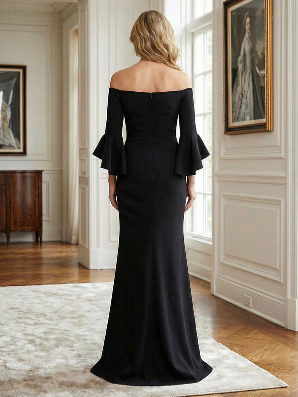 Sheath Satin Off Shoulder Mother of the Bride & Groom Dresses with Long Flare Sleeves & Ruffle Cuffs