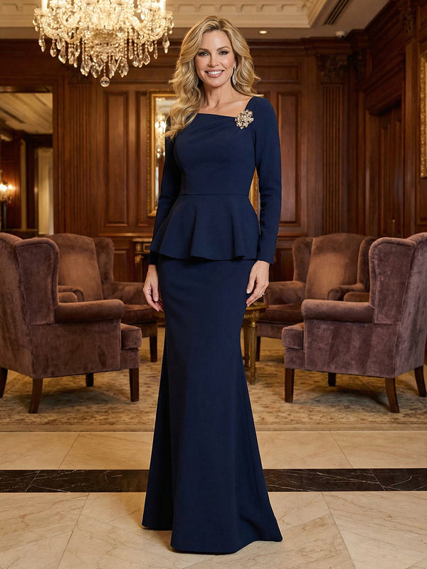 Ruffled Mermaid Satin Mother of the Bride & Groom Dresses with Long Sleeves & Asymmetric Neck