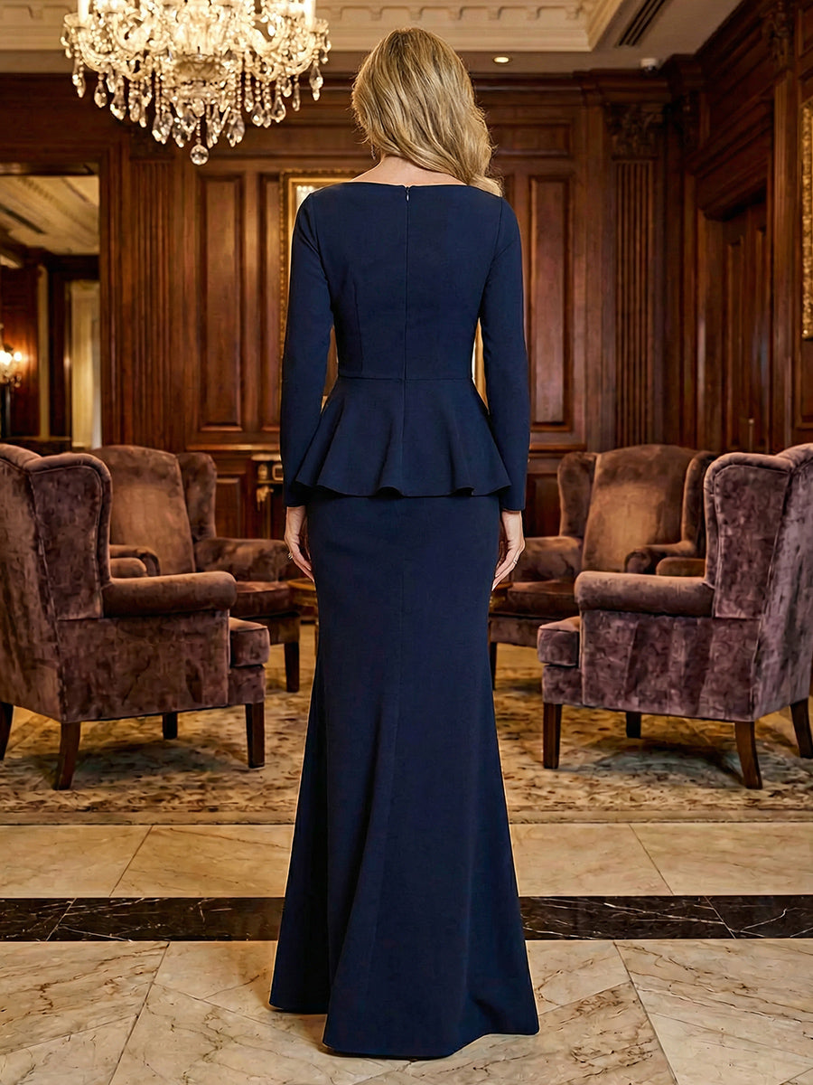 Ruffled Mermaid Satin Mother of the Bride & Groom Dresses with Long Sleeves & Asymmetric Neck