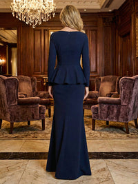 Ruffled Mermaid Satin Mother of the Bride & Groom Dresses with Long Sleeves & Asymmetric Neck