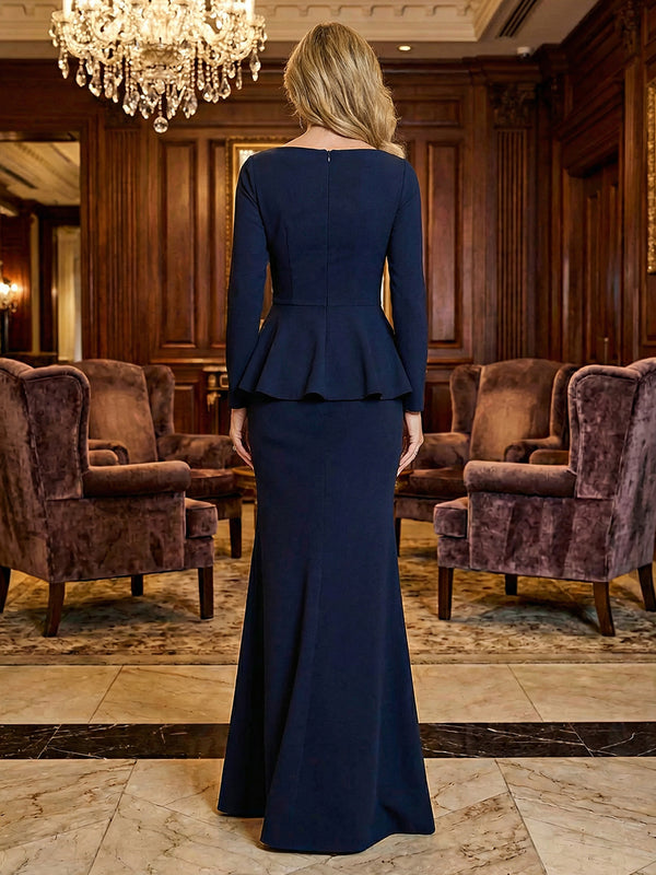 Ruffled Mermaid Satin Mother of the Bride & Groom Dresses with Long Sleeves & Asymmetric Neck