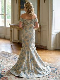 Mermaid Off Shoulder Long Mother of the Bride & Groom Dresses with Floral Jacquard & Sweep Train