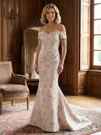 Mermaid Off Shoulder Long Mother of the Bride & Groom Dresses with Floral Jacquard & Sweep Train