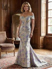 Mermaid Off Shoulder Long Mother of the Bride & Groom Dresses with Floral Jacquard & Sweep Train