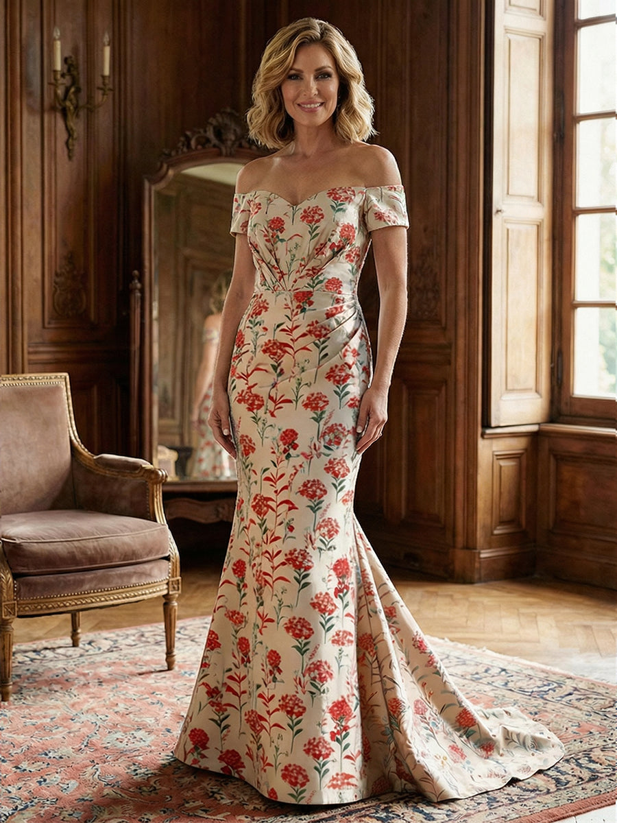 Mermaid Off Shoulder Long Mother of the Bride & Groom Dresses with Floral Jacquard & Sweep Train
