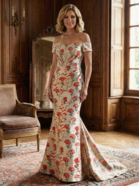 Mermaid Off Shoulder Long Mother of the Bride & Groom Dresses with Floral Jacquard & Sweep Train