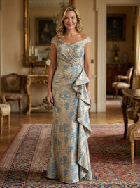 Sheath/Column Off Shoulder Long Mother of the Bride & Groom Dresses with Floral Jacquard & Draped Ruffles