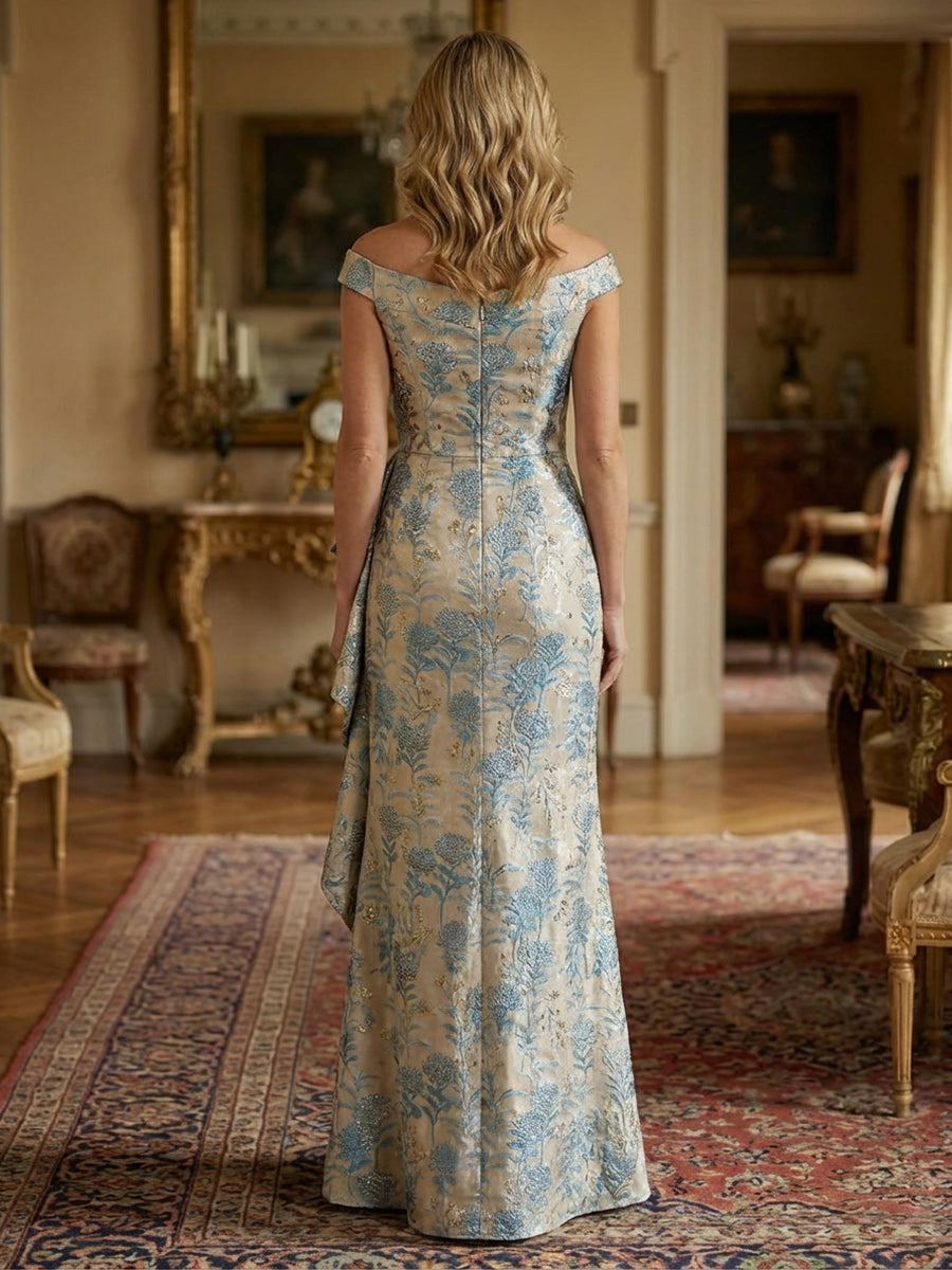 Sheath/Column Off Shoulder Long Mother of the Bride & Groom Dresses with Floral Jacquard & Draped Ruffles
