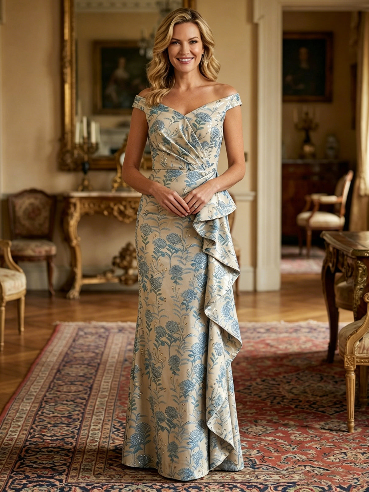 Sheath/Column Off Shoulder Long Mother of the Bride & Groom Dresses with Floral Jacquard & Draped Ruffles