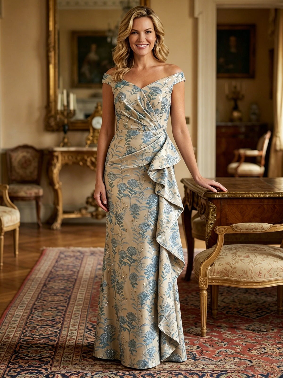 Sheath/Column Off Shoulder Long Mother of the Bride & Groom Dresses with Floral Jacquard & Draped Ruffles