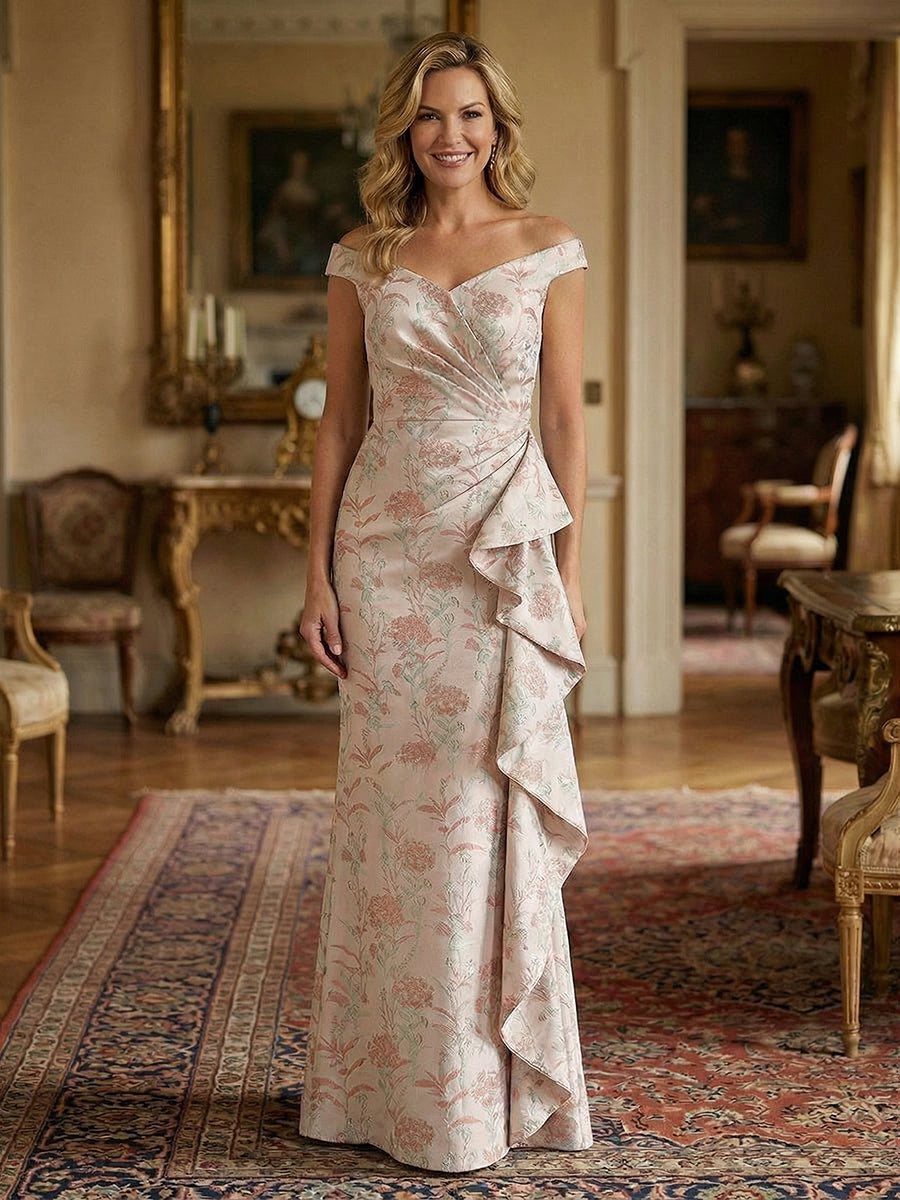 Sheath/Column Off Shoulder Long Mother of the Bride & Groom Dresses with Floral Jacquard & Draped Ruffles