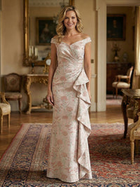 Sheath/Column Off Shoulder Long Mother of the Bride & Groom Dresses with Floral Jacquard & Draped Ruffles