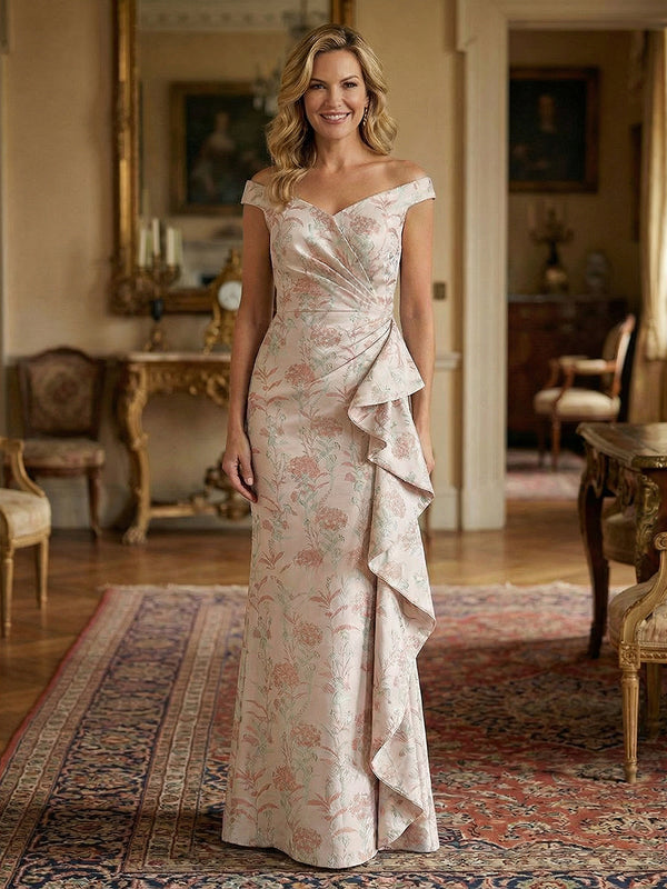 Sheath/Column Off Shoulder Long Mother of the Bride & Groom Dresses with Floral Jacquard & Draped Ruffles
