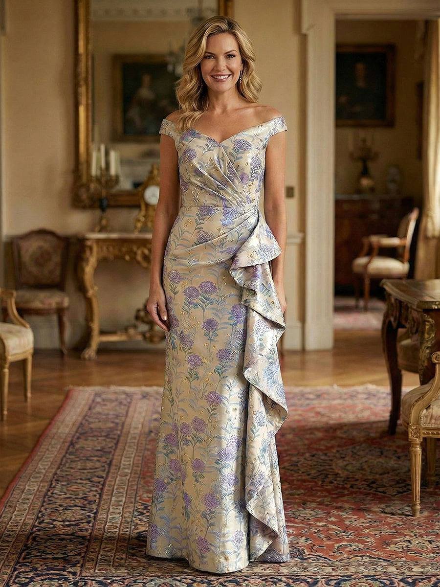 Sheath/Column Off Shoulder Long Mother of the Bride & Groom Dresses with Floral Jacquard & Draped Ruffles
