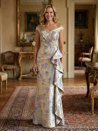 Sheath/Column Off Shoulder Long Mother of the Bride & Groom Dresses with Floral Jacquard & Draped Ruffles