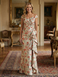 Sheath/Column Off Shoulder Long Mother of the Bride & Groom Dresses with Floral Jacquard & Draped Ruffles
