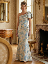 Sheath/Column One Shoulder Bow Long Mother of the Bride & Groom Dresses with Floral Jacquard & Slit