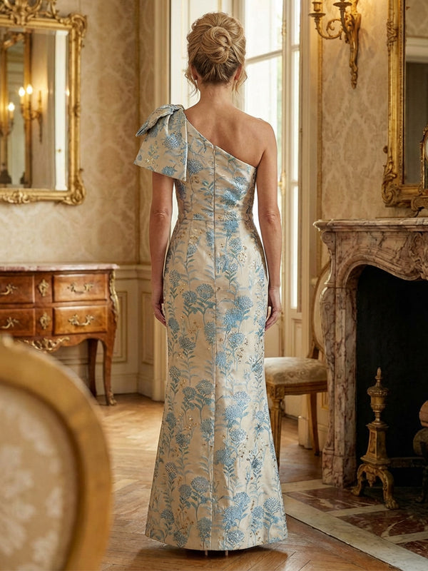 Sheath/Column One Shoulder Bow Long Mother of the Bride & Groom Dresses with Floral Jacquard & Slit