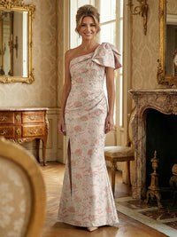 Sheath/Column One Shoulder Bow Long Mother of the Bride & Groom Dresses with Floral Jacquard & Slit