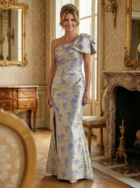 Sheath/Column One Shoulder Bow Long Mother of the Bride & Groom Dresses with Floral Jacquard & Slit
