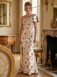 Sheath/Column One Shoulder Bow Long Mother of the Bride & Groom Dresses with Floral Jacquard & Slit