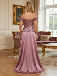 Sheath/Column Off Shoulder Long Mother of the Bride & Groom Dresses with 3D Floral Appliques & Sequin Bodice