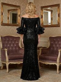 Sheath/Column Sequin Off Shoulder Long Mother of the Bride & Groom Dresses with 3/4 Flare Sleeves &  Ruffle Cuffs
