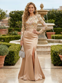 Sheath Long Sleeves Satin Mother of the Bride & Groom Dresses with 3D Floral Lace Appliques & Slit