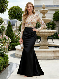 Mermaid Long Sleeves Satin Mother of the Bride & Groom Dresses with 3D Floral Lace Appliques & Ruched Waist