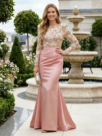 Mermaid Long Sleeves Satin Mother of the Bride & Groom Dresses with 3D Floral Lace Appliques & Ruched Waist