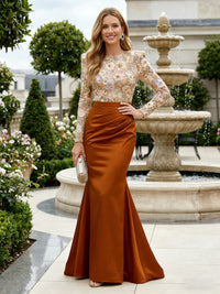 Mermaid Long Sleeves Satin Mother of the Bride & Groom Dresses with 3D Floral Lace Appliques & Ruched Waist