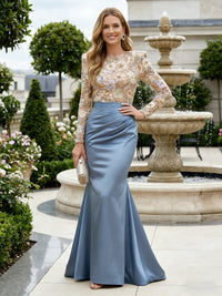 Mermaid Long Sleeves Satin Mother of the Bride & Groom Dresses with 3D Floral Lace Appliques & Ruched Waist