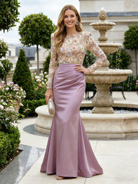 Mermaid Long Sleeves Satin Mother of the Bride & Groom Dresses with 3D Floral Lace Appliques & Ruched Waist