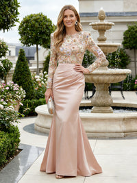 Mermaid Long Sleeves Satin Mother of the Bride & Groom Dresses with 3D Floral Lace Appliques & Ruched Waist