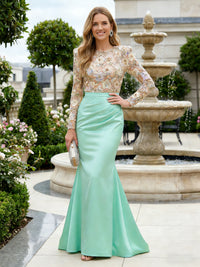 Mermaid Long Sleeves Satin Mother of the Bride & Groom Dresses with 3D Floral Lace Appliques & Ruched Waist