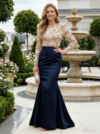 Mermaid Long Sleeves Satin Mother of the Bride & Groom Dresses with 3D Floral Lace Appliques & Ruched Waist